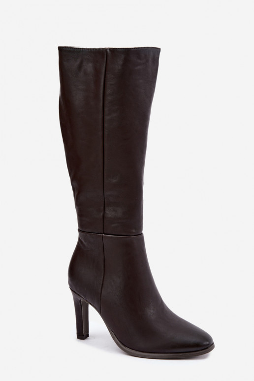 Botas femininas aquecidas até o joelho com salto em chocolate Rosmella