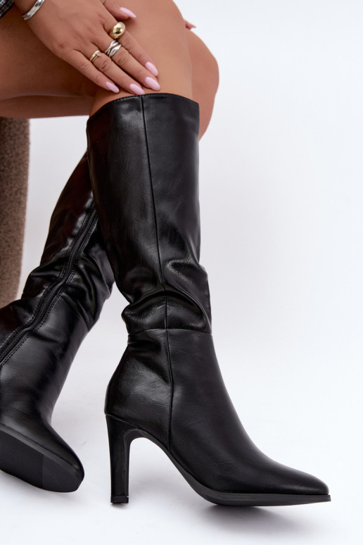 Botas femininas aquecidas até o joelho com salto em preto Rosmella