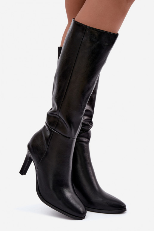 Botas femininas aquecidas até o joelho com salto em preto Rosmella