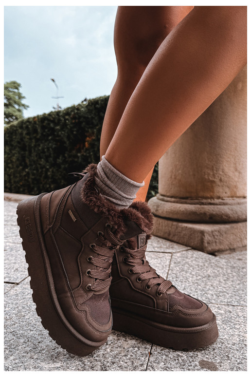 Botas de neve femininas com cadarços e pelagem castanho escuro Big Star