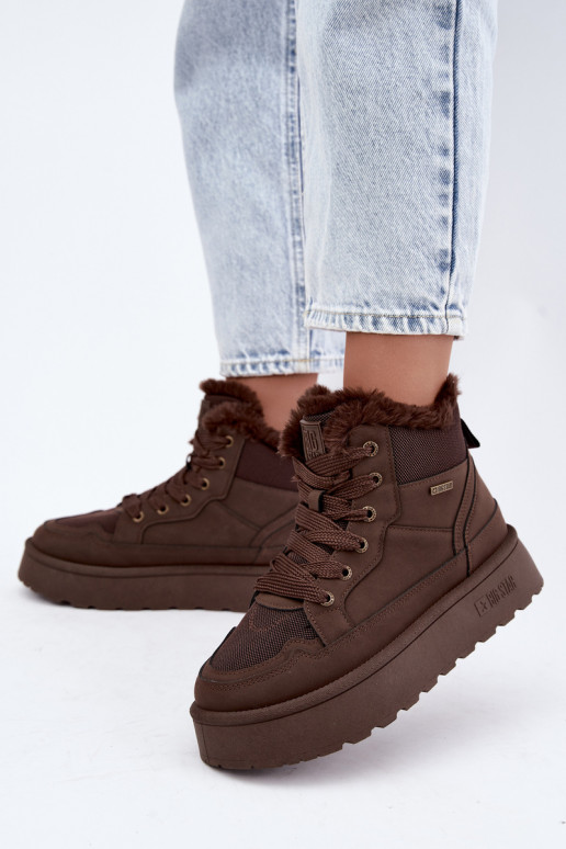 Botas de neve femininas com cadarços e pelagem castanho escuro Big Star