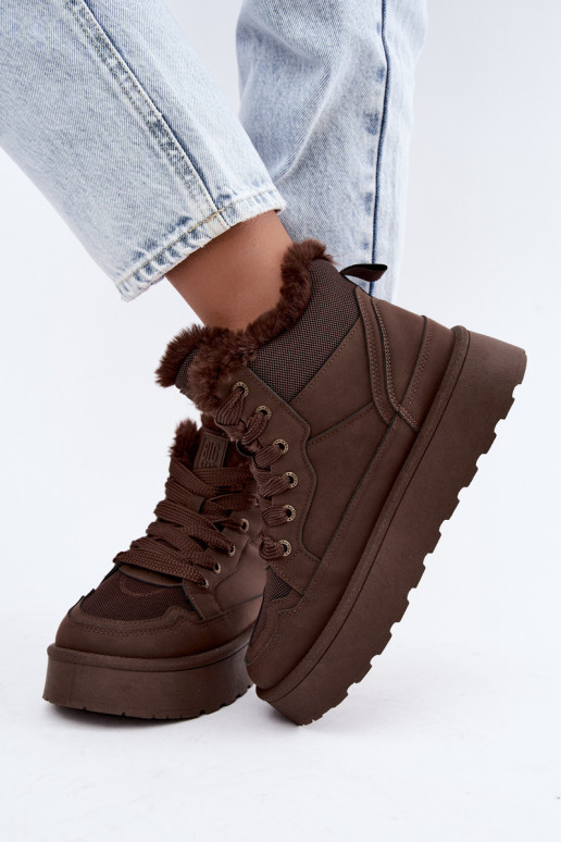 Botas de neve femininas com cadarços e pelagem castanho escuro Big Star