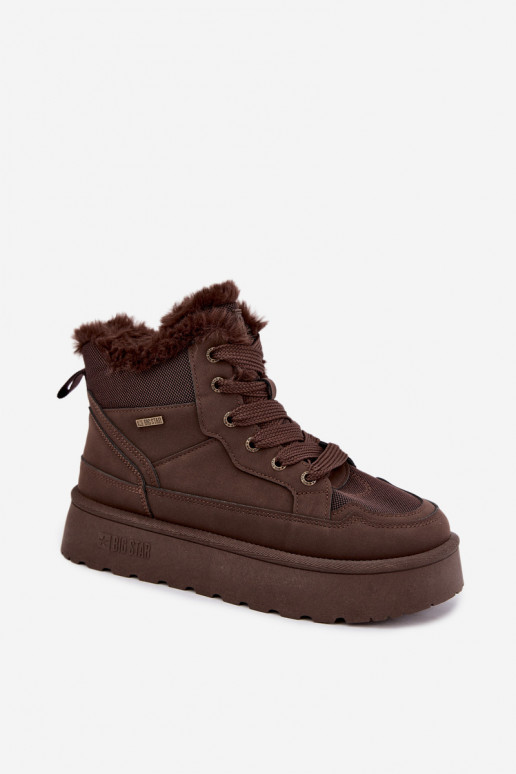 Botas de neve femininas com cadarços e pelagem castanho escuro Big Star