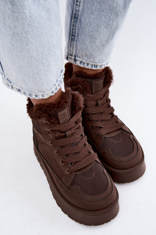 Botas de neve femininas com cadarços e pelagem castanho escuro Big Star