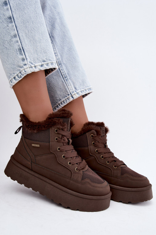 Botas de neve femininas com cadarços e pelagem castanho escuro Big Star