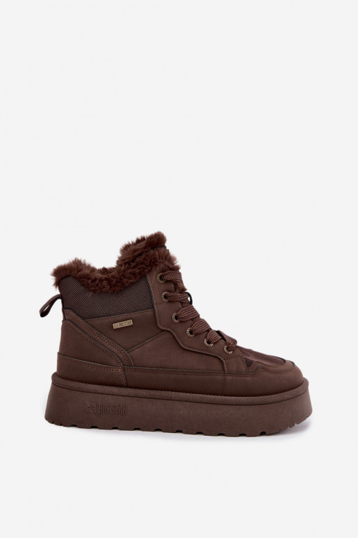 Botas de neve femininas com cadarços e pelagem castanho escuro Big Star