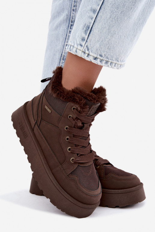 Botas de neve femininas com cadarços e pelagem castanho escuro Big Star