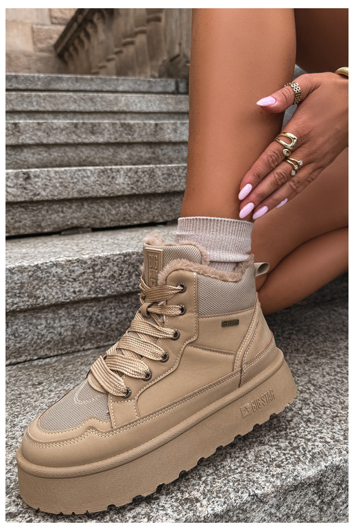 Botas de neve femininas com cadarços e pelagem areia Big Star