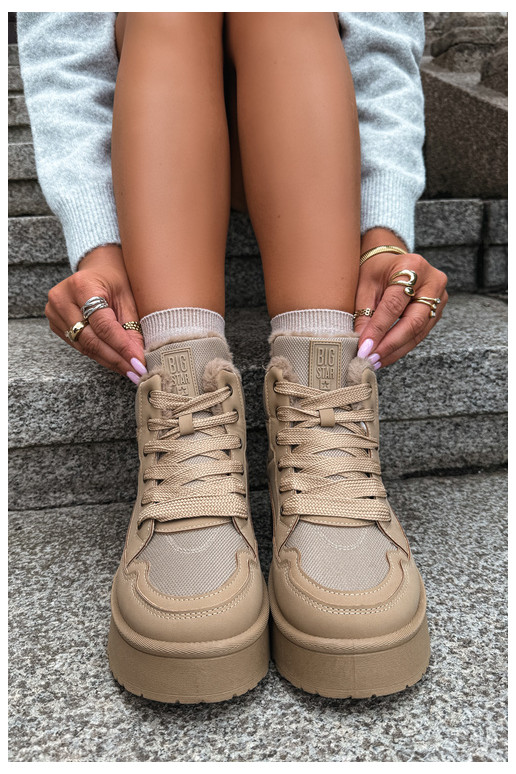 Botas de neve femininas com cadarços e pelagem areia Big Star