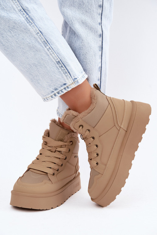 Botas de neve femininas com cadarços e pelagem areia Big Star