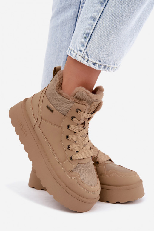 Botas de neve femininas com cadarços e pelagem areia Big Star
