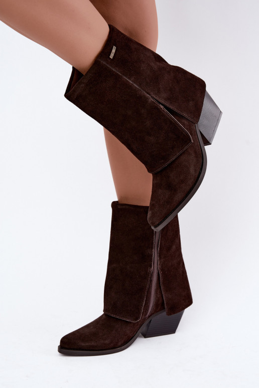 botins de estilo cowboy com saltos de camurça natural com cano bordado Big Star UU274115 na cor chocolate