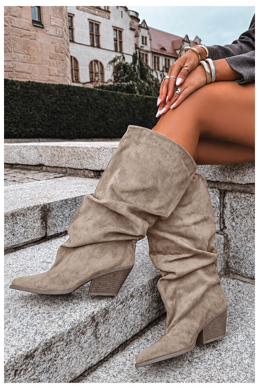 Botas altas khaki femininas com parte superior curva e saltos em camurça Durela