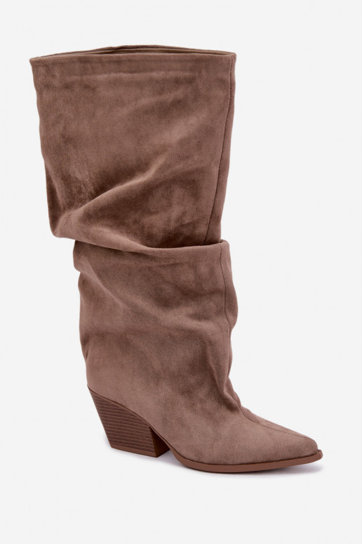 Botas altas khaki femininas com parte superior curva e saltos em camurça Durela