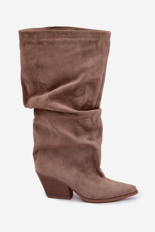 Botas altas khaki femininas com parte superior curva e saltos em camurça Durela