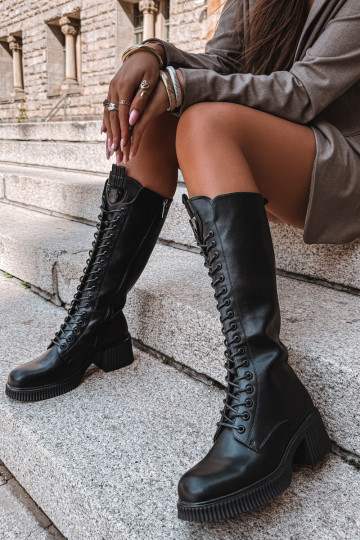 Botas de couro femininas de cano alto com cadarços e saltos, quentes Vinceza 66804 preto 2