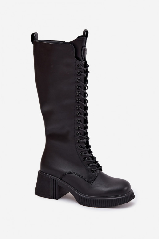 Botas de couro femininas de cano alto com cadarços e saltos, quentes Vinceza 66804 preto