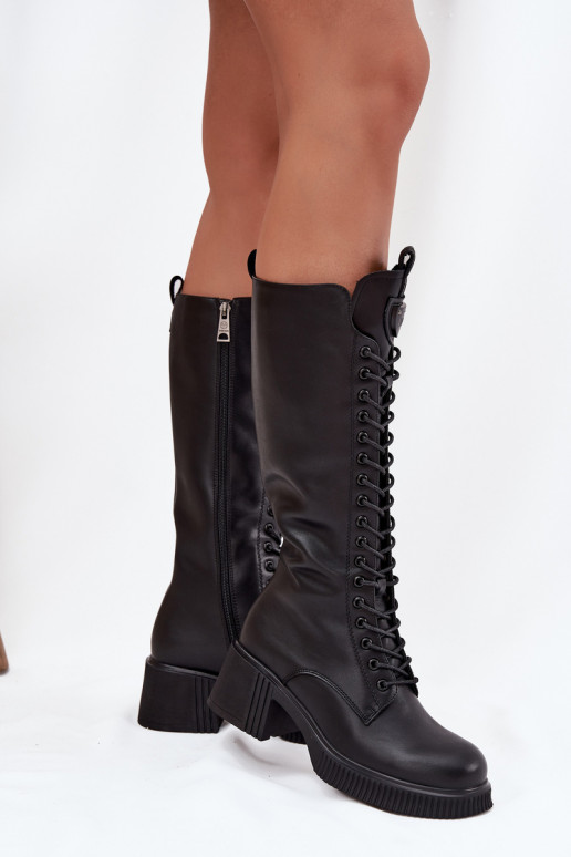 Botas de couro femininas de cano alto com cadarços e saltos, quentes Vinceza 66804 preto
