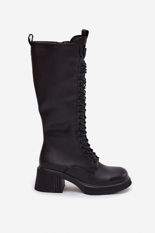 Botas de couro femininas de cano alto com cadarços e saltos, quentes Vinceza 66804 preto
