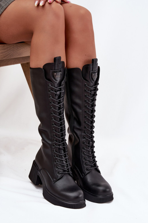 Botas de couro femininas de cano alto com cadarços e saltos, quentes Vinceza 66804 preto