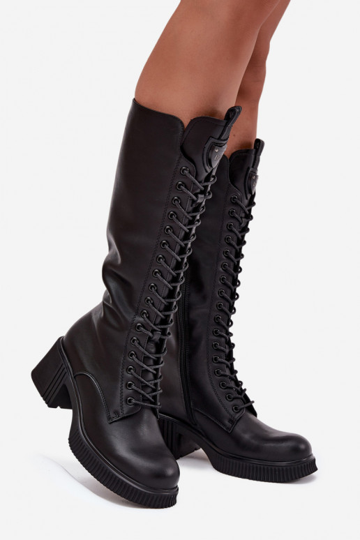 Botas de couro femininas de cano alto com cadarços e saltos, quentes Vinceza 66804 preto