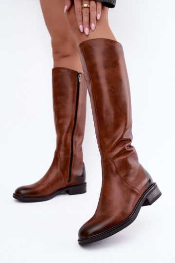 Botas femininas de couro até o joelho com saltos largos isoladas Zazoo 70163 marrom 2