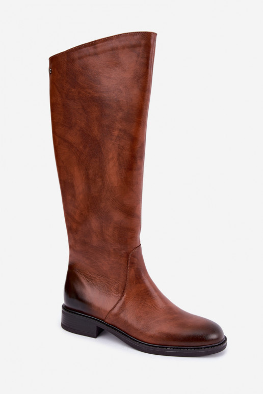 Botas femininas de couro até o joelho com saltos largos isoladas Zazoo 70163 marrom
