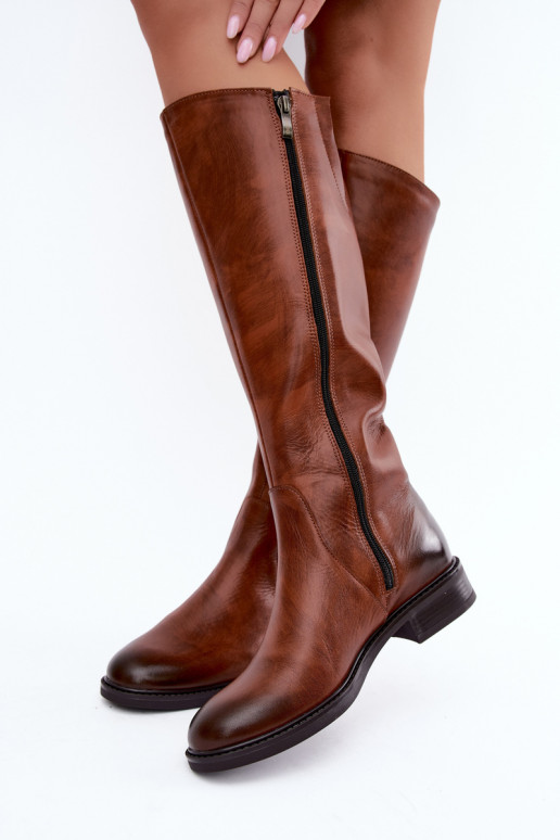 Botas femininas de couro até o joelho com saltos largos isoladas Zazoo 70163 marrom
