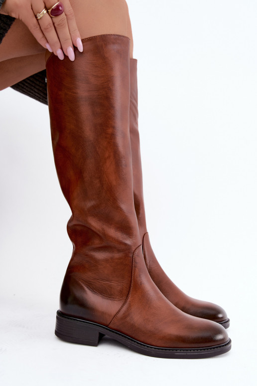 Botas femininas de couro até o joelho com saltos largos isoladas Zazoo 70163 marrom