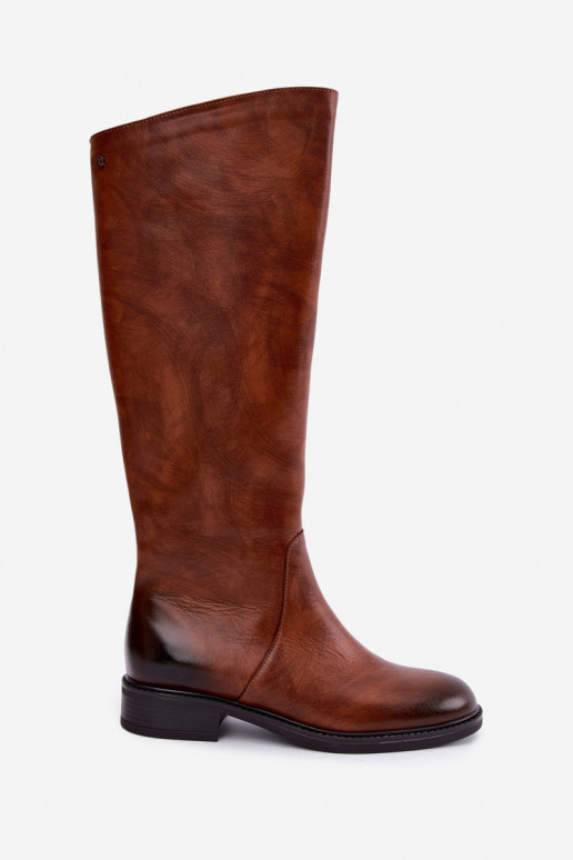 Botas femininas de couro até o joelho com saltos largos isoladas Zazoo 70163 marrom