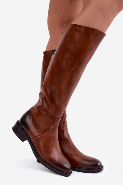 Botas femininas de couro até o joelho com saltos largos isoladas Zazoo 70163 marrom