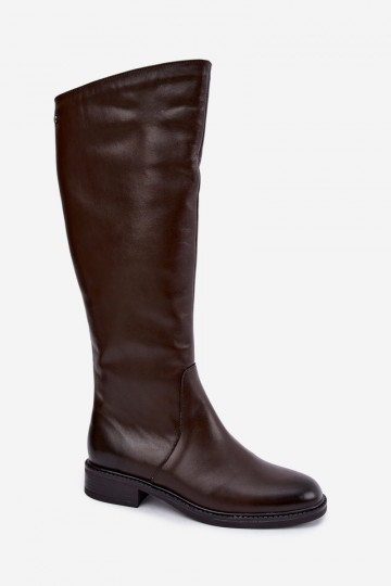 Botas femininas de couro até o joelho com saltos largos isoladas Zazoo 70163 chocolate 2