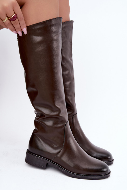 Botas femininas de couro até o joelho com saltos largos isoladas Zazoo 70163 chocolate