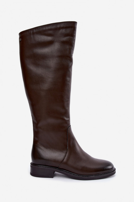 Botas femininas de couro até o joelho com saltos largos isoladas Zazoo 70163 chocolate