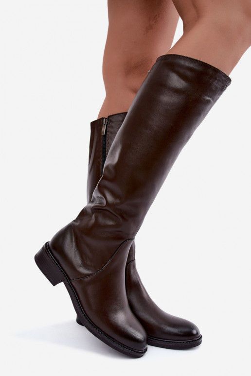 Botas femininas de couro até o joelho com saltos largos isoladas Zazoo 70163 chocolate