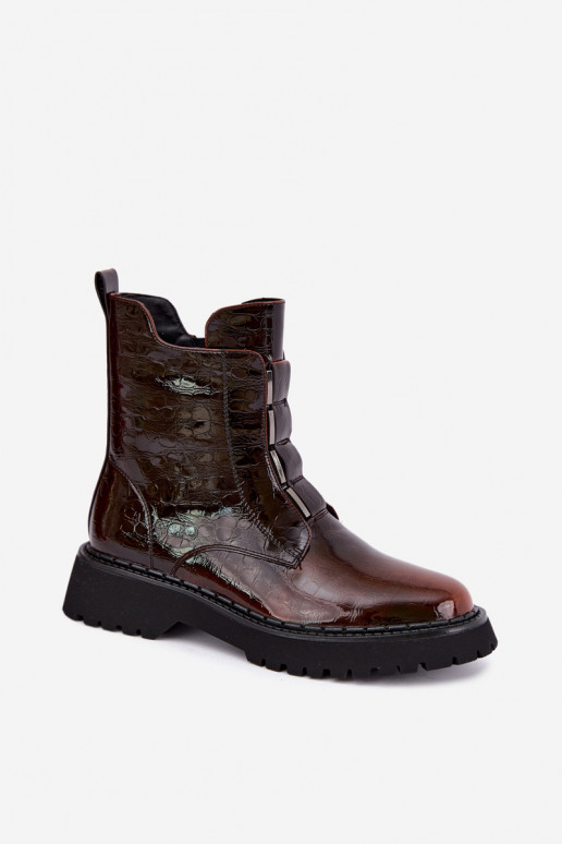 Botins isolados femininos com efeito verniz T.Sokolski Z26-501 castanho