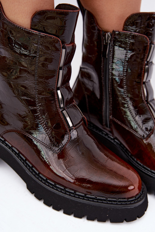 Botins isolados femininos com efeito verniz T.Sokolski Z26-501 castanho