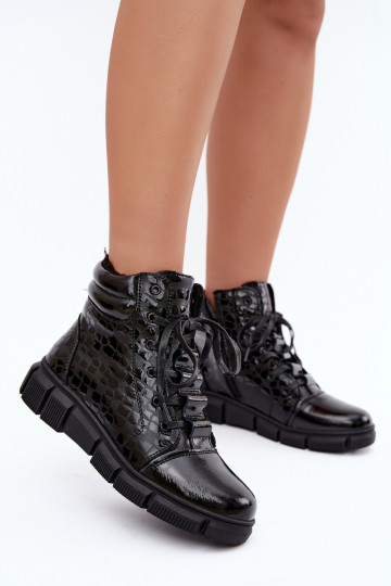 Botins isolados femininos em couro sintético com efeito verniz preto Canelia