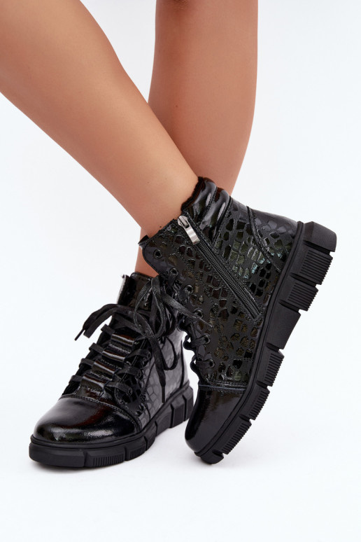 Botins isolados femininos em couro sintético com efeito verniz preto Canelia