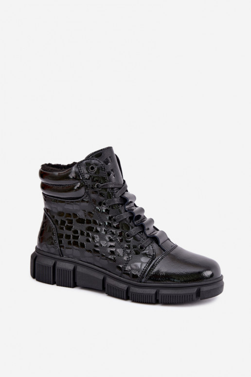 Botins isolados femininos em couro sintético com efeito verniz preto Canelia