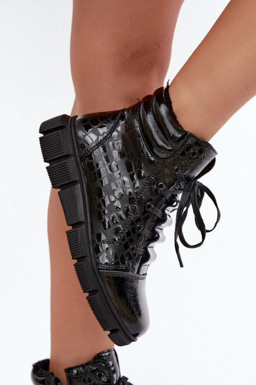 Botins isolados femininos em couro sintético com efeito verniz preto Canelia