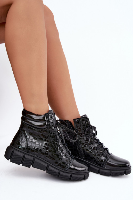 Botins isolados femininos em couro sintético com efeito verniz preto Canelia