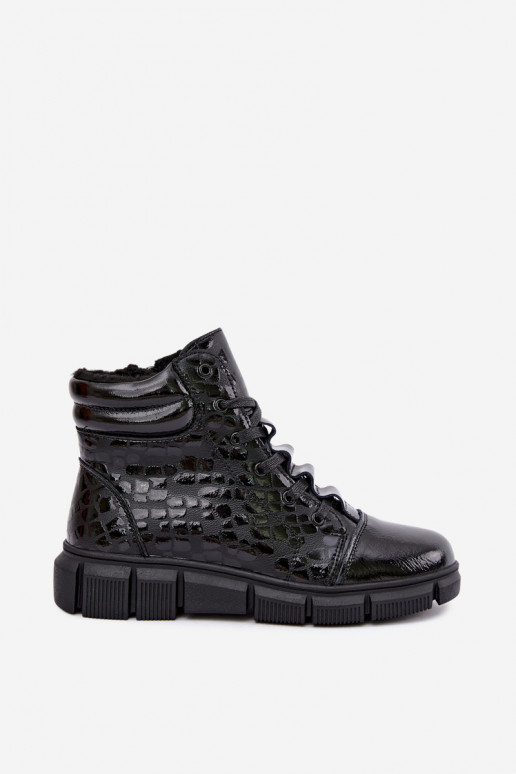 Botins isolados femininos em couro sintético com efeito verniz preto Canelia