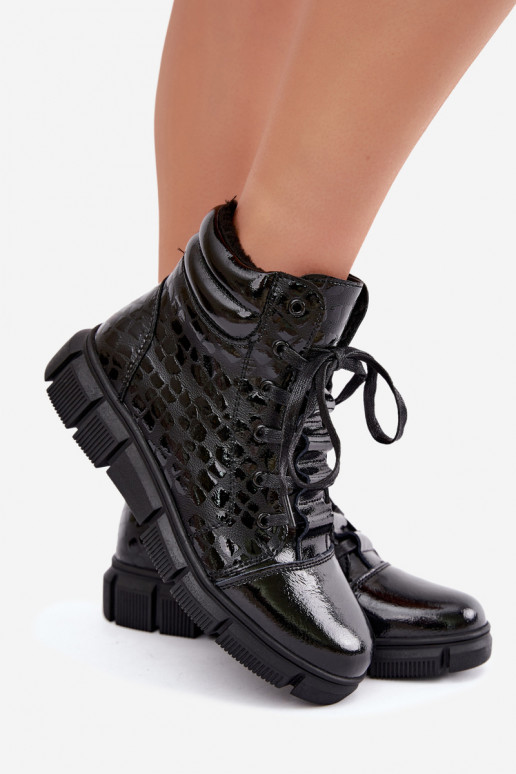 Botins isolados femininos em couro sintético com efeito verniz preto Canelia