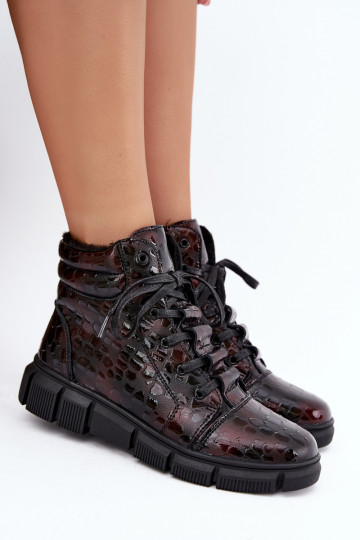 Botins isolados femininos em couro sintético com efeito verniz bordô Canelia