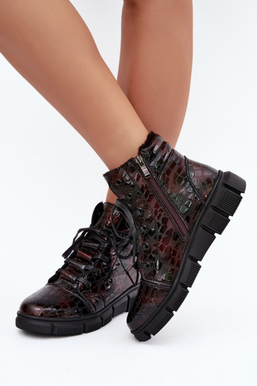 Botins isolados femininos em couro sintético com efeito verniz bordô Canelia