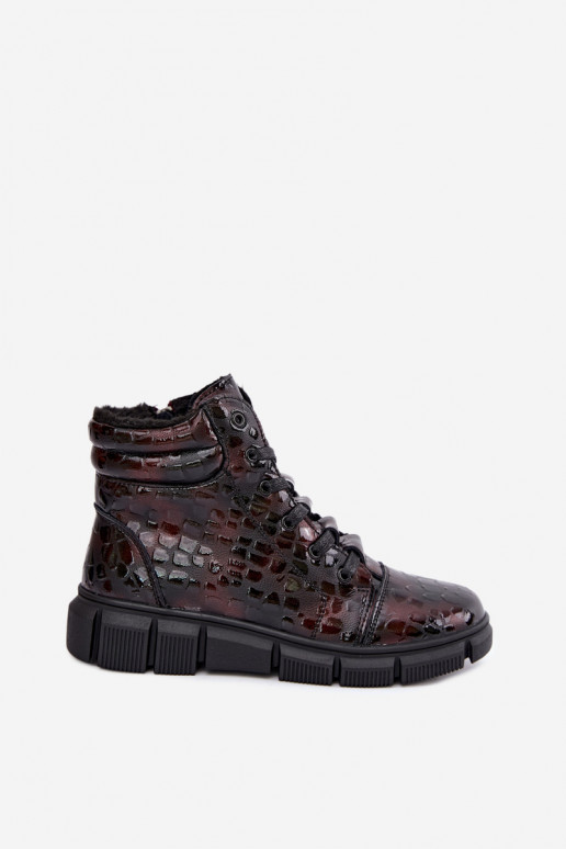 Botins isolados femininos em couro sintético com efeito verniz bordô Canelia