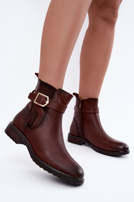 Botins isolados femininos em couro sintético com fivelas Sergio Leone BT-43 castanho
