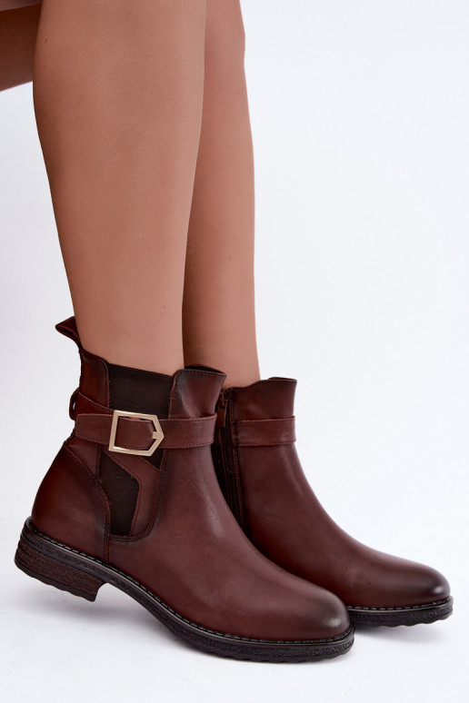 Botins isolados femininos em couro sintético com fivelas Sergio Leone BT-43 castanho