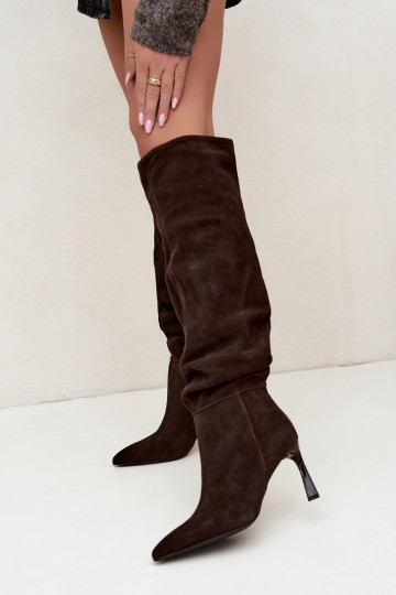 Botas altas em camurça sintética Slouchy com saltos finos Vinceza 89170 na cor chocolate